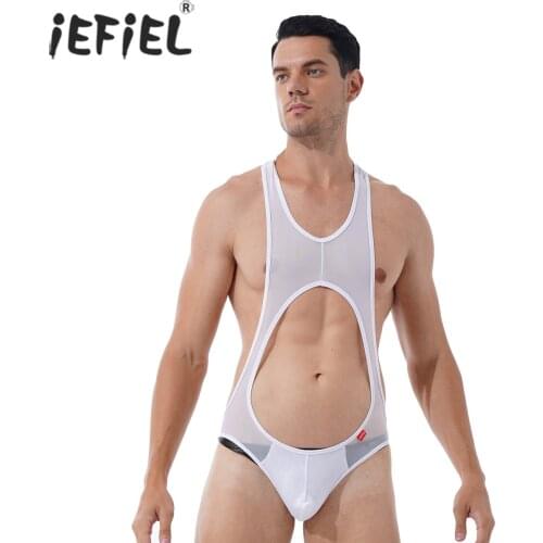 Men Hollow Out Sexy Bodycon Bodysuit See-through Mesh Wrestling Singlet Leotard Jumpsuit Bulge Pouch Fitness Lingerie Teddies