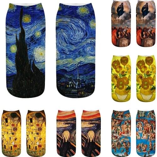 4 pairs 3D Printing Socks Summer Van Gogh Star Moon Night Sunflower Oil Painting Breathable Low Ankle Women Socks