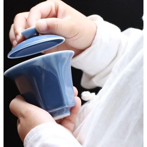 Hexagonal Diamond Coloured Glaze Ceramic Whiteware Cover Bowl Chinese Ceramic Kung Fu Three-Force Tea Bowl Tea Making Device