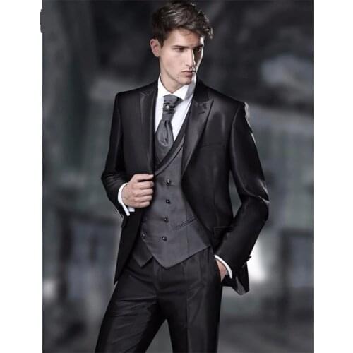 New Arrival Groomsmen Peak Lapel Groom Tuxedos Shiny Black Men Suits Wedding Best Man Blazer (Jacket+Pants+Tie+Vest) B983