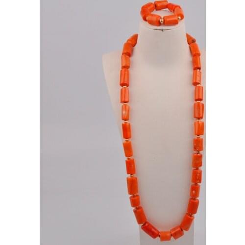 African Wedding Groom Jewelry Couple Models Men Orange Natural Coral Bead Necklace Nigeria Wedding Bridal Jewelry Set AU-178