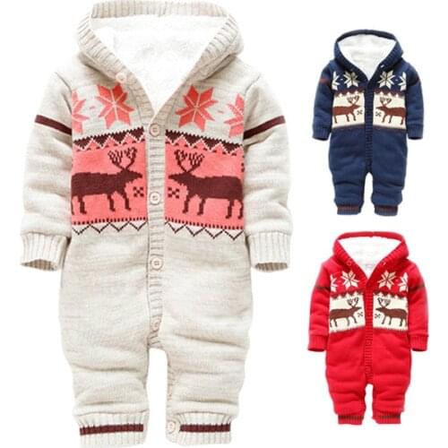 Newborn Baby Boys Girls Warm Romper Baby Winter Thick Climbing Clothes Infant Knitted Sweater Christmas Deer Hooded Outwear