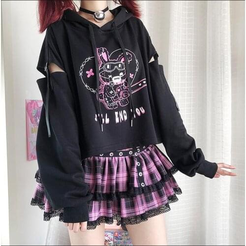 Japanese Forest Demon Ji Hooded Sweatshirt Stitching Chiffon Mid-length Harajuku New Spring Autumn Forest Womens Sweatshirt