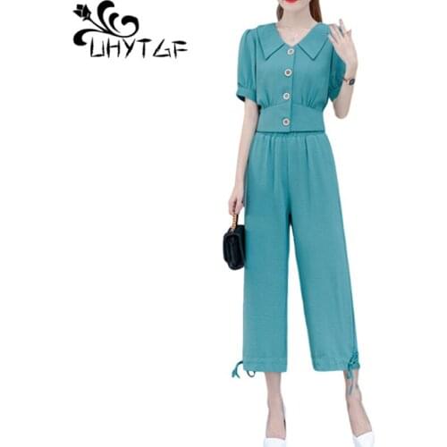 UHYTGF Summer two piece set women fashion single breasted chiffon short top elegant sets wide-leg pants professional suit 1212