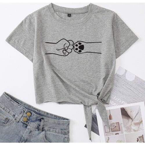 Fist and Paw Best Friend Knotted Crop Top Shirt Womens Summer Short Sleeve Cotton T-Shirt Cropped Tops Graphic Tee Front Knot