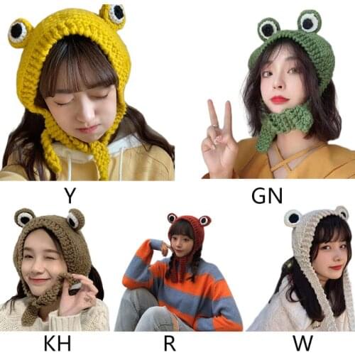 Unisex Cute Frog Eyes Weave Knitted Beanie Hat Solid Color Chunky Crochet Harajuku Winter Warm Earflap Cap Photography Props