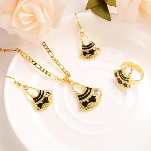 Gold color PNG Necklace pendant Earrings ring Set Women Party Gift african women bag shape bridal wedding Jewelry girls charm