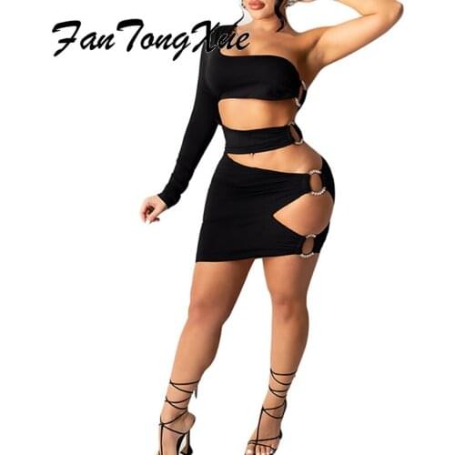 Bodycon Dress for Women 2021 Solid Hallow Out Sexy Dresses Women Sheath One Shoulder Skew Neck Above Knee Vintage Bandage Dress