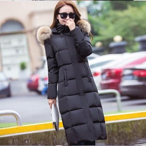 Black/grey Winter Womens Long Down Jacket Thick Warm Female Duck Down Coat Parkas Fashion Big Fur Collar Hooded Long Women Coat