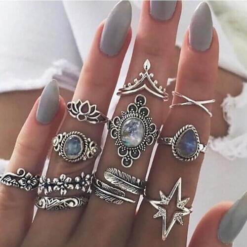 11 Pcs/set Bohemian Retro Crystal Stars Geometric Flower Leaves Gem Ring Set Women Charm Joint Ring Party Wedding Jewelry Gift