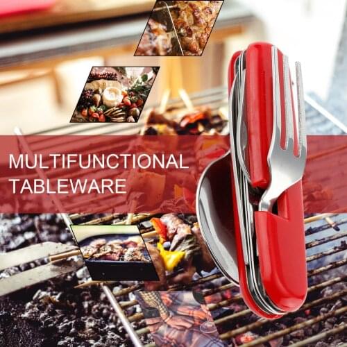 4 in 1 Multifunctional Outdoor Tableware Stainless Steel Foldable Fork Spoon Knife Picnic Camping Hiking Travelling Dinnerware