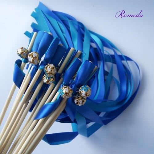 50pcs/lot royal and blue stain wedding ribbon wands with colorfull bell for wedding decoration party