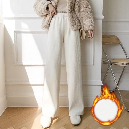 Plus velvet thick corduroy wide-leg pants womens autumn winter high waist loose casual mopping drape straight leg velvet pants