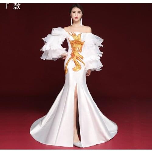 White elegant Women modern Cheongsam embroidery Qipao Sexy Slim wedding party gown Evening Dress Vestidos