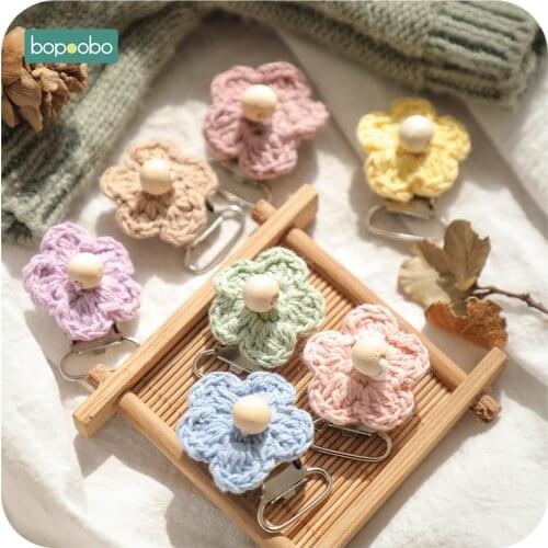 Bopoobo 5pc Flower Pacifier Clip Crochet Wooden Soother Clip Nursing Accessories Diy Dummy Clip Chains Wooden Baby Teether Toys
