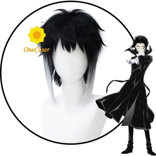 Bungo Stray Dogs Anime Akutagawa Ryunosuke Cosplay Black and White Wig Heat-resistant Fiber Hair + Wig Cap Halloween Party
