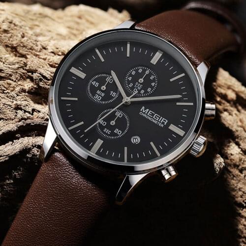 Casual new military stylish MEGIR brand design fashion chronograph men male clock sport leather business luxury wrist watch gift
