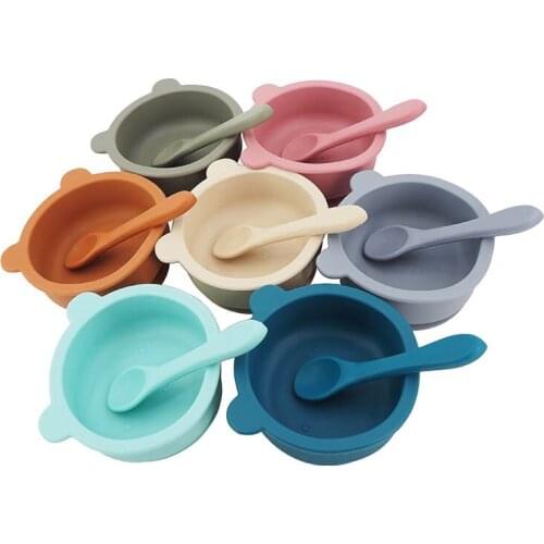 Chenkai 5Set 9 Color Baby Feeding Bear Bowl Food Grade Silicone Anti-flip Suction Tableware Newborn Infant Waterproof Bowl Spoon
