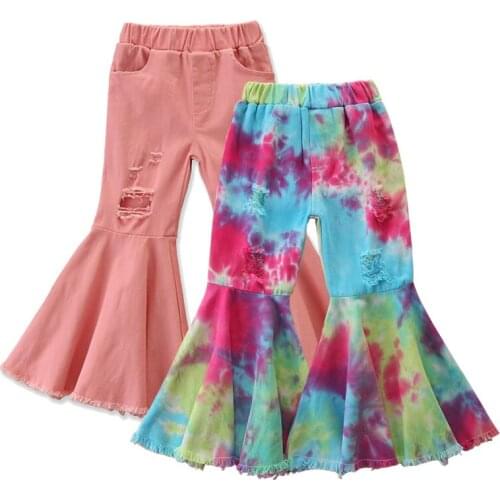 Fall Toddler Girl Tie Dye Bell-bottom Trousers Fashion Kid Leopard Hole Ruffle Pant Child Leopard Leggings Denim Jeans Cloth 6T