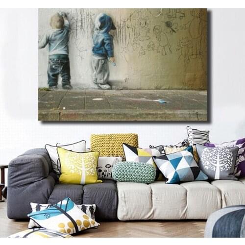 Kids Drawing On Wall Street Art Canvas Painting Print Bedroom Home Decor Modern Oil Painting Poster HD Picture Framework
