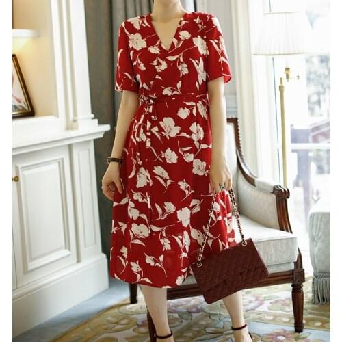 Women 2019 Wrap V Neck Short Sleeve Floral Print Midi Dress With Waist Ties - Ladies Latest Causal Dress
