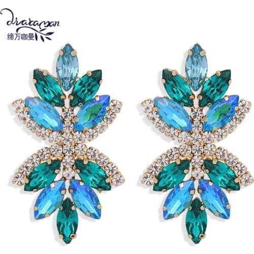 Dvacaman Green Color Crystal Glass Drop Earrings for Women Luxury Rhinestone Flower Dangle Earrings Wedding Jewelry Trendy Party