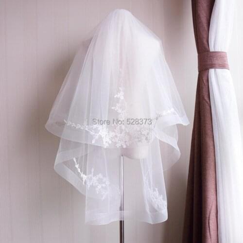 YNQNFS WV5 Double Layers Bone Edge Lace Appliqued Hair Veil Fingertip Veil Wedding Veil