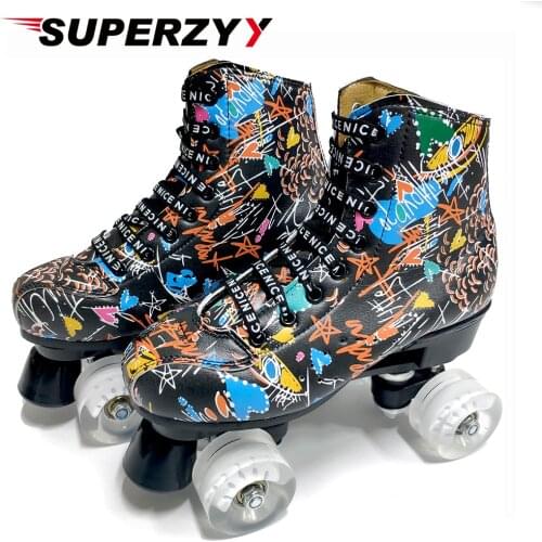 Graffiti Microfiber Roller Skates Double Line Skates Women Men Adult Two Line Skating Shoes with White PU 4 Wheels Training