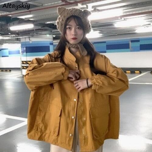 Jackets Women Japanese Style Loose Unisex Solid Color Female Stand Collar Safari Style Workout Harajuku Cool Couple Pockets Chic