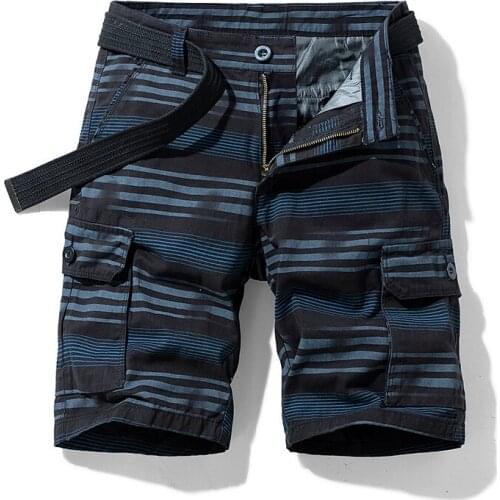 Pure Cotton Summer Mens Cargo Shorts Boys Casual Pocket Streetwear Plus Size Stripe Male Long Bermuda Z142