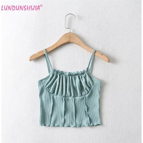 LUNDUNSHIJIA 2021 Summer New Fashion Women Sexy Crop Tops Ladies Sleeveless Short Fold Solid Cotton Camis 4 Colors
