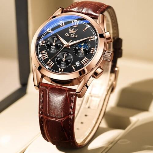 OLEVS Mens Watches Leather Chronograph Moon Phase Wristwatch with Waterproof Luminous Analog Quartz Multifunction