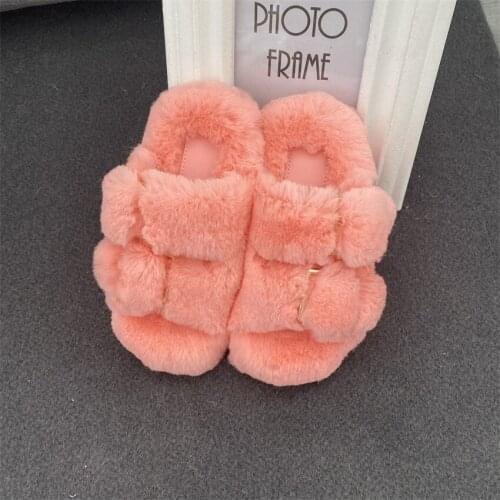 Soft Rex Rabbit Hair Warm ChildrenS Slippers Double Breasted Anti Slip Wear Resistant PVC Sole Flat Bottom Fluffy Slippers