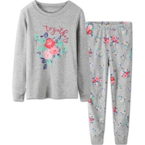 New Spring Autumn Kids O-neck Brand Gray Floral Printed Pastoral Cotton Knitted Girls Pant Casual Full-sleeved Sets Pajama