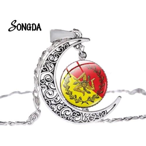 Sicily Trinacria Chain Necklace Glass Cabochon Viking Jewelry Symbol Sicily Art Photoes Crescent Moon Clavicle Necklaces