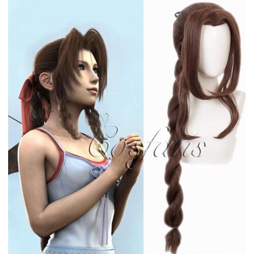 Final Fantasy VII Gainsborough Aerith Cosplay Wig Girl Hairpiece Pigtail Halloween Women Curly Bangs Hair Periwig + Wig Cap