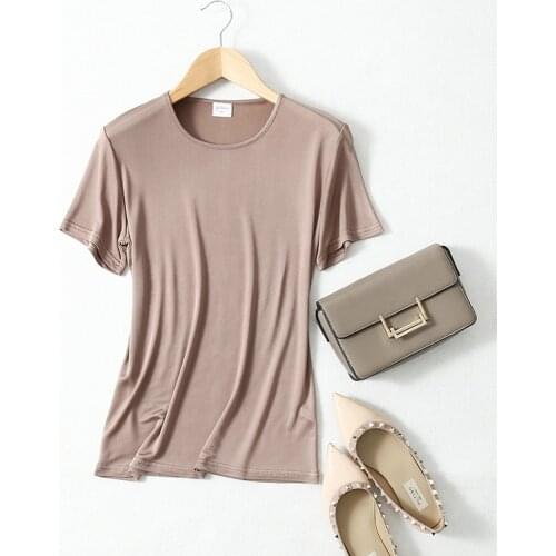 High Quality Silk T-Shirt 4 Colors O-Neck Solid Short Sleeve Summer Casual Tops Silk Knit Short Sleeve Pullover Top New Fashion