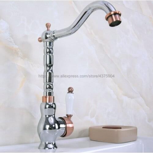 Basin Faucet Single Handle Mixer Tap Modern Kitchen Bar Sink Water Faucet Polished Chrome And Red Copper Rotable Tap Nnf910