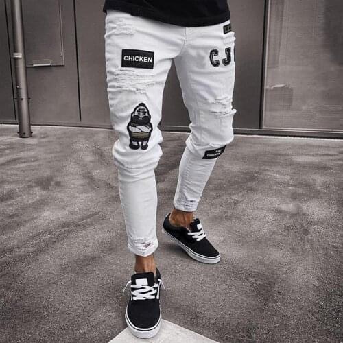 Stylish Men Badge Ripped Hole Pockets Skinny Jeans Stretchy Tights Denim Pants Fashion