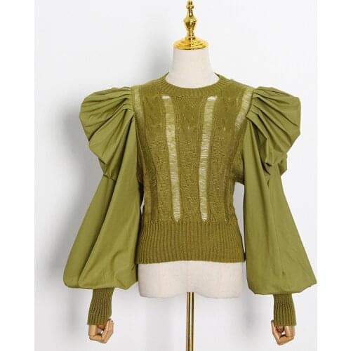 Runway Heavy Crafts Pleated Zou Puff Sleeves O-Neck Knit Sweater Pullover Ladies Autumn Hollow Fashion Sexy Vintage Top Clothes
