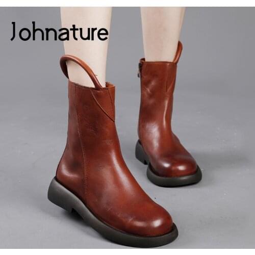 Johnature Women Boots Genuine Leather Shoes 2021 New Winter Flat With Zip Round Toe Sewing Handmade Leisure Retro Platform Boots