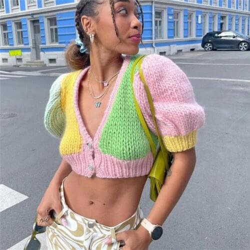 Girls Y2K Patchwork Knitted Cropped Cardigan 2021 Casual Woman Puff sleeve Short Cardigans Female High Street Outwear
