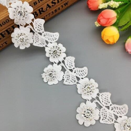 1 Yard Sun Flower Lace Trim Rhinestone Applique Leaf Soluble Lace Ribbon Sewing Craft For Wedding Dress Clothes Hat Decoration