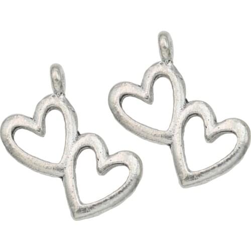 30pcs Antique Silver Plated Double Heart Charms Pendants for Necklace Jewelry Making DIY Handmade Craft 21x19mm