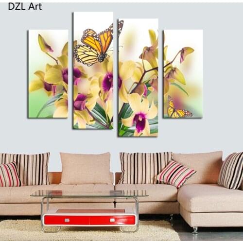 4 Panel(No Frame) Butterflies and flowers Picture Wall Decor Print on Canvas Oil Painting Canvas Painting for Christmas Gift