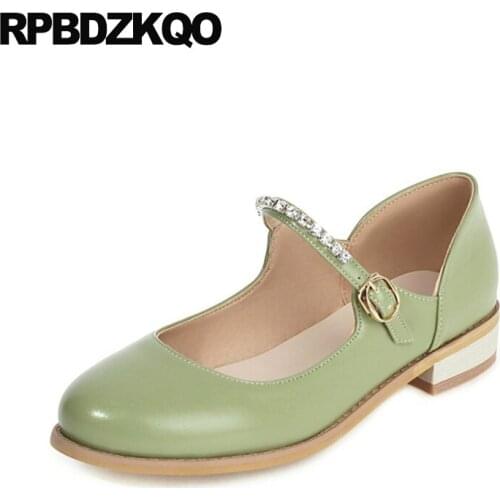 5 10 Bride Flats Diamond Rhinestone Bridesmaid Chinese Women Dress Shoes Crystal Mary Jane Large Size Spring Autumn Green 11