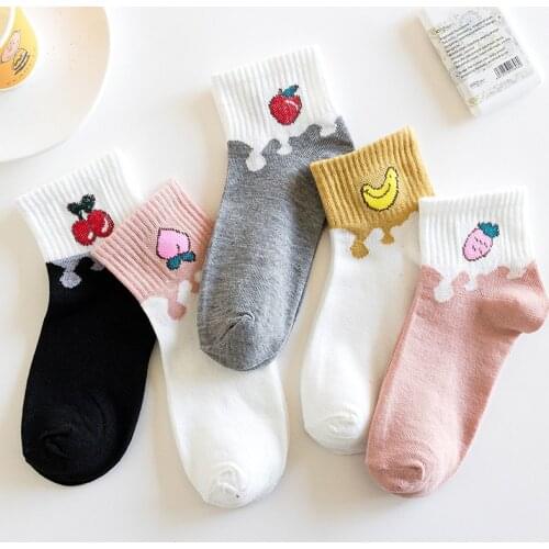 5 Pairs Lot Youth Womens Girls Harajuku Cartoon Cute Fruit Cream Femme Socks Female Funny Avocado Casual Cotton Sport Socks
