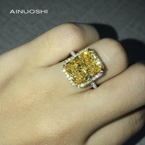 AINUOSHI 14K/18K Gold 9*11mm 5.0ct Radiant Cut Yellow AINUOSHI Stone Double Halo Classic Engagement Rings for Women Wedding Ring