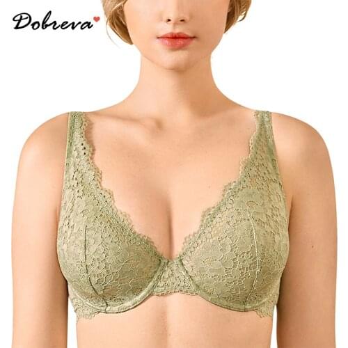 DOBREVA Womens Full Coverage Lace Bra Plus Size Unlined Minimizer Underwire Bralette