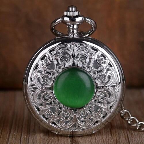 High Quality Silver Pocket Watches Green Stone Design Mechanical Pocket Watches with FOB Chain Nice Gifts for Mens Womens